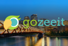 Gozeeit logo overlaying a cityscape of Calgary at dusk, featuring the illuminated Peace Bridge and the city's skyline reflecting in the river.