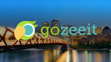 Gozeeit logo overlaying a cityscape of Calgary at dusk, featuring the illuminated Peace Bridge and the city's skyline reflecting in the river.