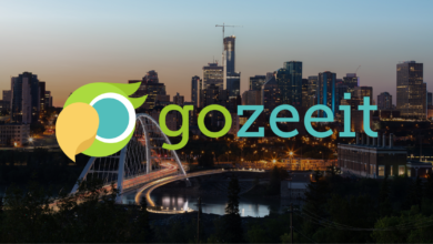 Gozeeit logo overlaying a cityscape of Edmonton at dusk, featuring a lit-up bridge with light trails from traffic and the city skyline in the background