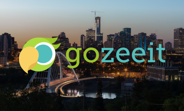 Gozeeit logo overlaying a cityscape of Edmonton at dusk, featuring a lit-up bridge with light trails from traffic and the city skyline in the background